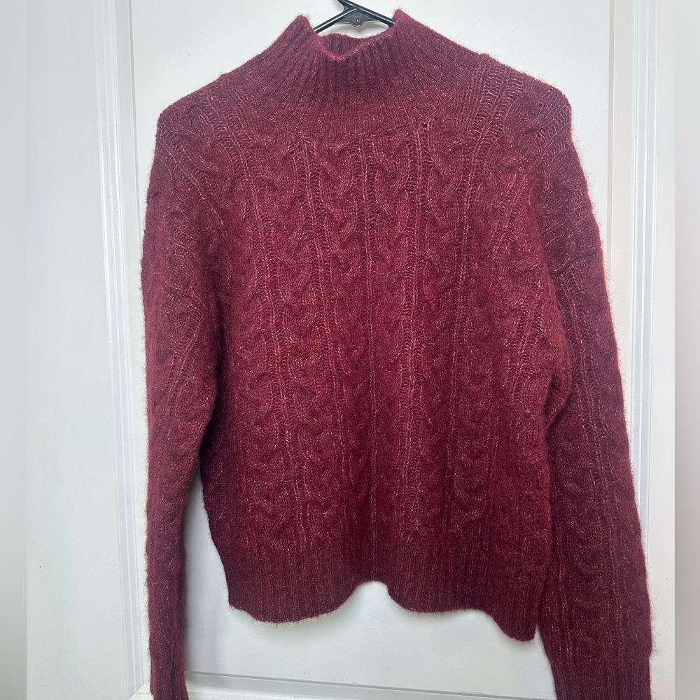 Sezane Maroon Cable-Knit Alpaca Wool Blend Mick Neck Crop Sweater, Medium